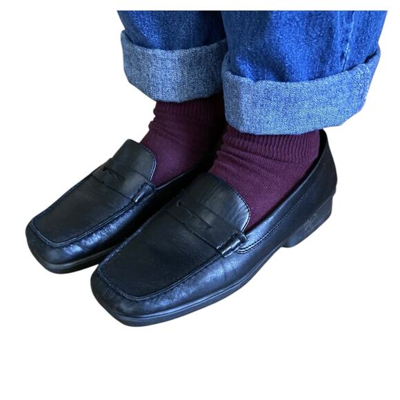 Vintage 90s Y2k What’s What Aerosoles Black Leather Square Toe Penny Loafers 7 - Picture 3 of 8